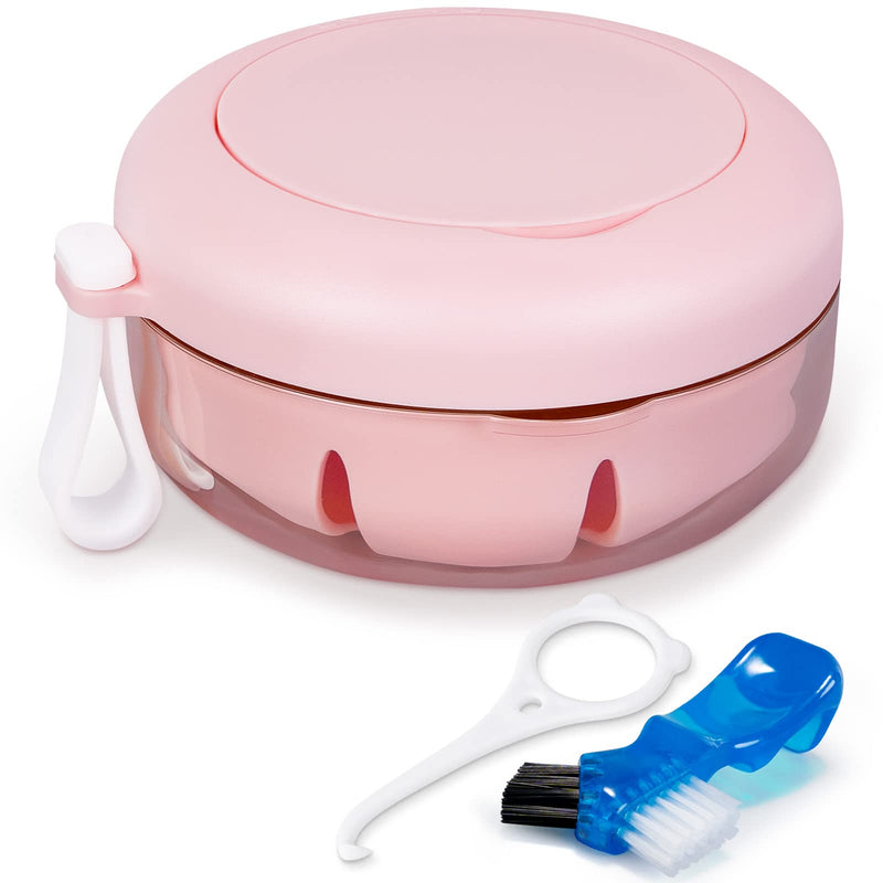 Leak Proof Denture Cup Kit Portable Retainer Case Perfect for Travel, Denture Case Container Cleaning Care for Dentures Aligner Mouth Guard with Denture Brush,Strainer, Removal Tool and Mirror Pink