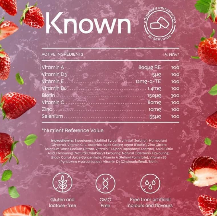 Known Tasty Sugar Free Hair, Skin & Nails Gummies – Multivitamin – Natural Strawberry Flavour – 60 Vegan Gummies, 1 Month Supply