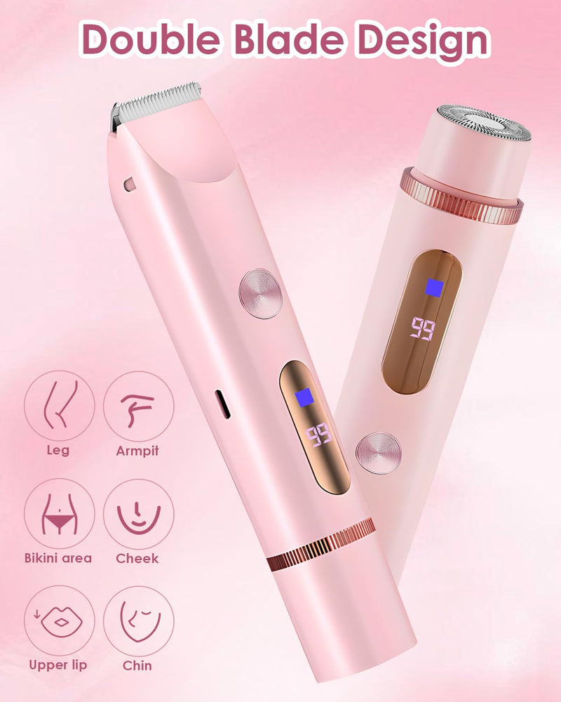 [Australia] - Bikini Trimmer for Women, 2-in-1 Women Electric Shaver, Type-C Rechargeable Pubic Hair Shaver Wet & Dry Waterproof, Dual Head Body Hair Remover for Sensitive Skin 