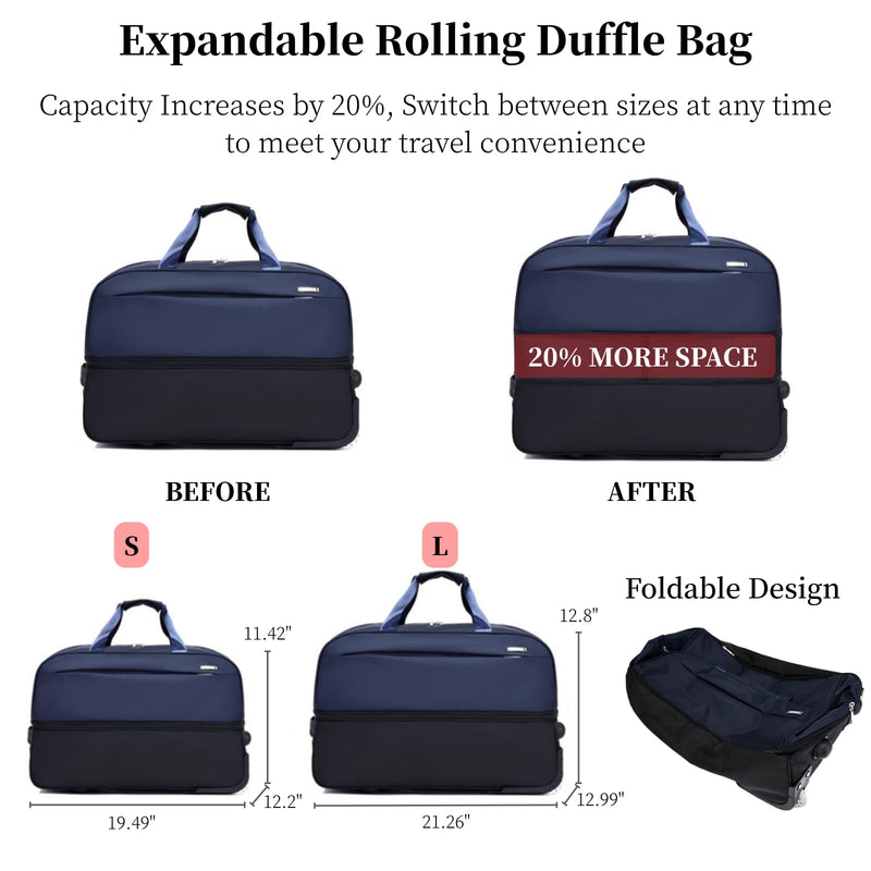 Expandable Rolling Duffel Bag with Wheels, Lightweight Roller Travel Tote for Women Men, Carry On Overnight Weekend Bag for Business Trip Travel Black S