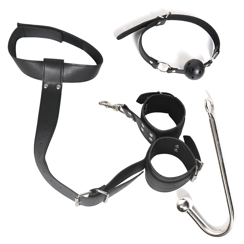 BDSM Anal Hook with Ball Gag, 2 in 1 Leather Sex Bondage Set Anal Trainer with Collar, Handcuffs & Adjustable Strap, Restraints Kit Role Play Butt Plug Fetish Slave SM Adult Sex Toys Unisex