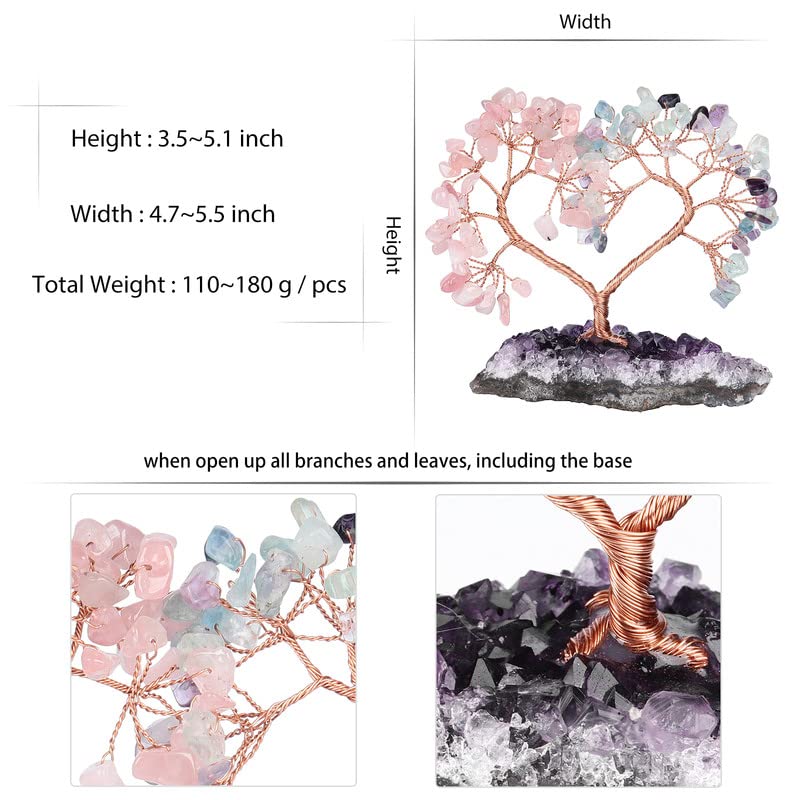 Handmade Crystal Heart Tree of Life on Amethyst Cluster Base Money Stone Tree for Wedding Reiki Healing Energy Home Office Indoor Decor, Rose Quartz and Fluorite #1- Rose Quartz & Fluorite
