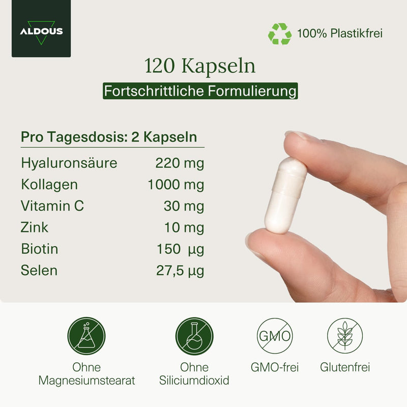 [Australia] - Hyaluronic acid collagen complex - with biotin, selenium, zinc, vitamin C - 120 capsules XL - high-dose hyaluronic capsules - vitamins for hair, skin and nails - 1000 mg collagen for joints, muscles 