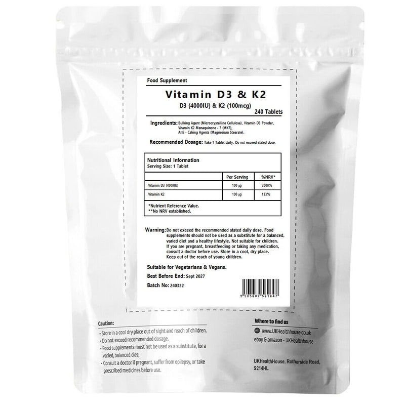 UKHealthHouse Vitamin D3 4000iu & K2 100ug (MK7) Vitamin D3 K2 Tablets Supports Normal Bones Muscles Teeth Immune System Cholecalciferol Menaquinone-7 (240 tabs) 240 count (Pack of 1)