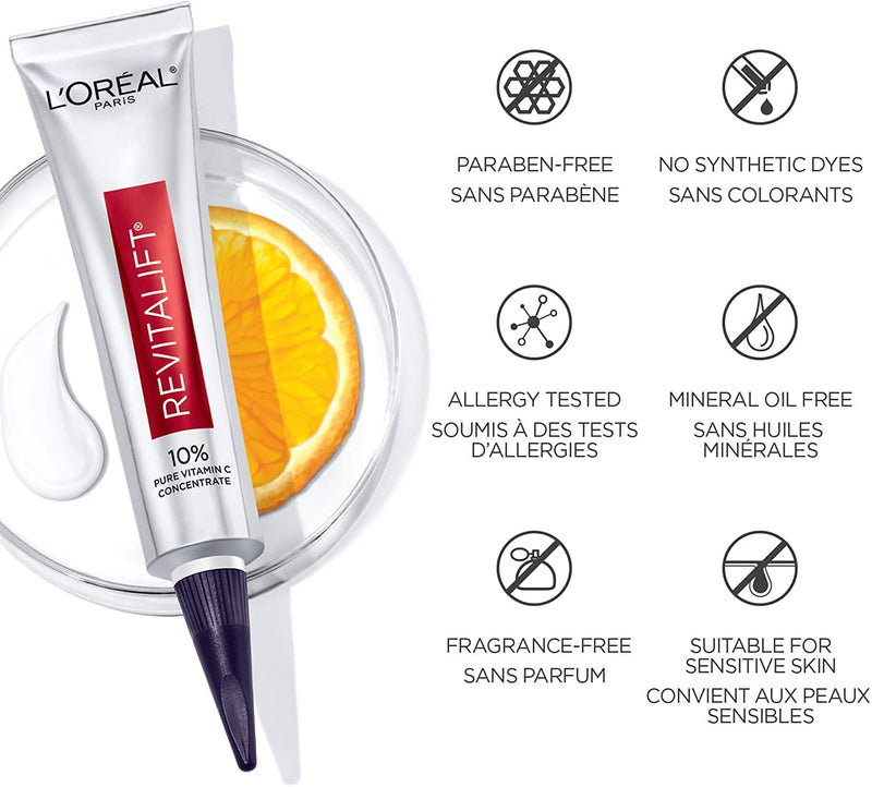 L'Oreal Paris Revitalift 10% Pure Vitamin C Face Serum for Brighter Skin & Reduced Wrinkles, Fragrance Free, 1 0z. 1 Ounce (Pack of 1)