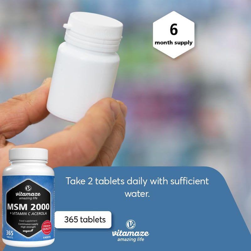 MSM + Vitamin C acerola high-dose, 365 Tablets for 6 Months, 2,000 mg Organic Sulphur Powder per Day, 99.9% Pure methylsulphonylmethane, Food Supplement Without additives, Made in Germany
