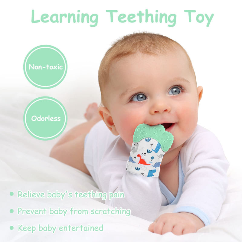 [Australia] - 2Pack Silicone Teething Mitt, Soothing Infant Teething Mitten Pain Relief, Prevent Scratches Glove, Safe Silicone Teething Toys for 0-12 Months green dinosaur 