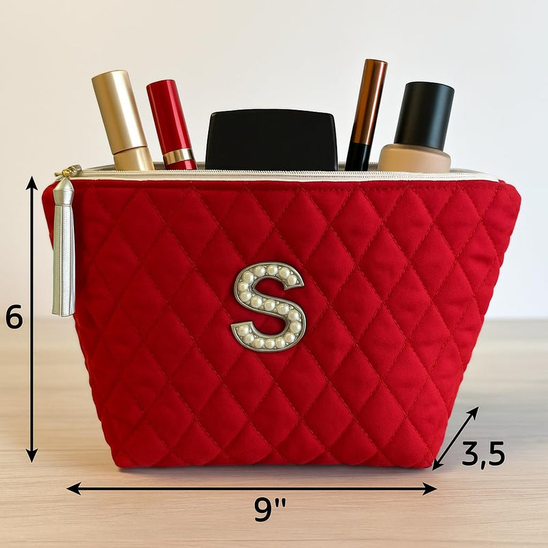 Personalized Quilted Makeup Bag, Red Cotton Pouch with Pearl Letter “S”, 9x6x3.5 inches, White Tassel