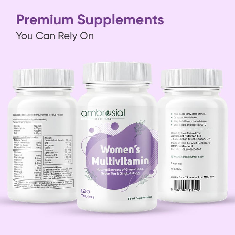 Ambrosial Women’s Multivitamin Tablets – 20+ Essential Vitamins, Minerals & Botanicals – Grape Seed, Green Tea, Ginkgo & Ginseng – Daily Energy, Balance, Vitality & Wellness – 120 Tablets (4 Months)