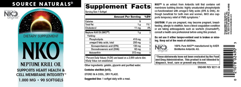 [Australia] - Source Naturals NKO Neptune Krill Oil, Supports Heart Health and Cell Membrane Integrity*, 1000 mg - 90 Softgels 90 Count (Pack of 1) 