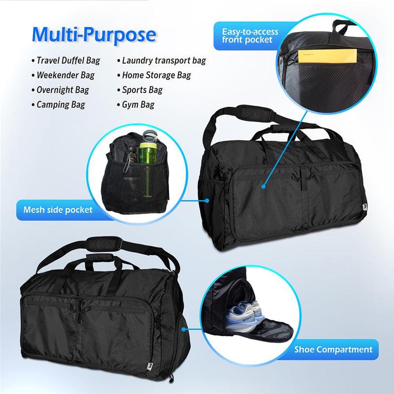 90L Foldable Duffle Bag, Shoe Storage Bag Design, Multiple Pockets, Large Storage Capacity,Duffle Bags For Travel (Black) Black