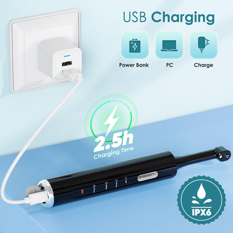 [Australia] - Tooth Polisher, Rechargeable Teeth Polisher with 5 Brush Heads, 4 Speed Modes, Tooth Whitening Kit for Cleaning and Polishing, LED Light, 3 Polish Pastes, IPX6 Waterproof Teeth Cleaning Tools, Black 