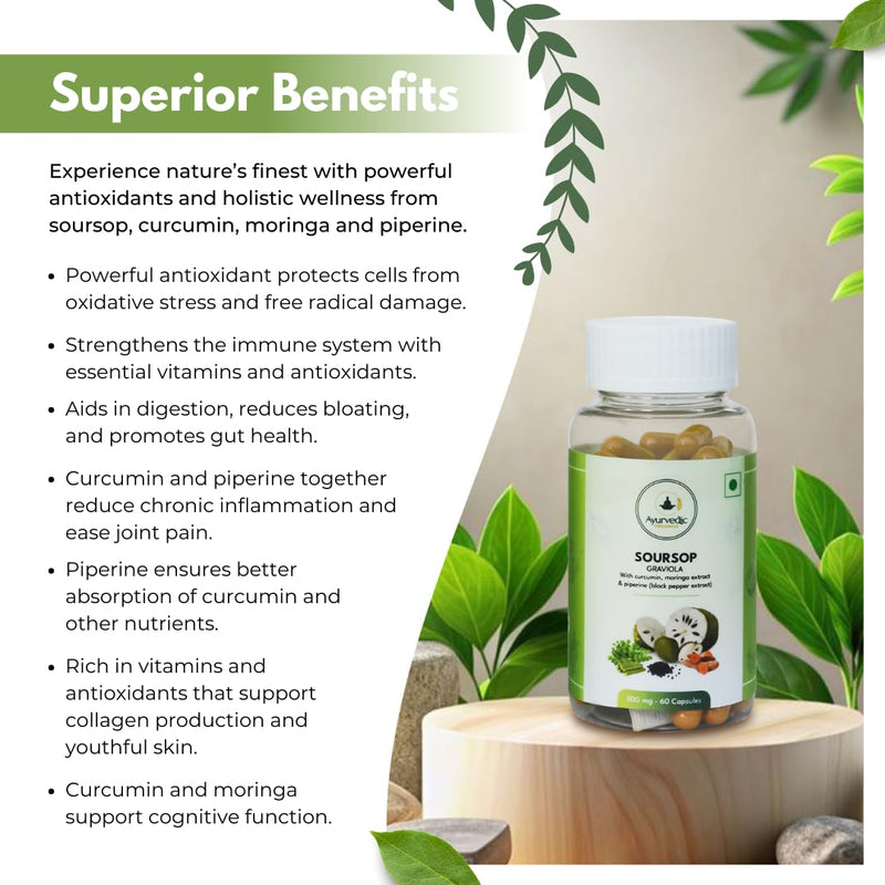 Soursop 500mg Capsules with Curcumin, Moringa & Black Pepper – 60 Graviola Capsules | High in Vitamic C and Flavonoids, Antioxidant Plant Based Herbal Supplement for Immune Support