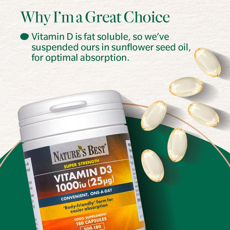 Nature's Best Vitamin D3 1000iu - High Strength & Highly Absorbable Supplement - UK Made - 180 Capsules (6 Months' Supply)