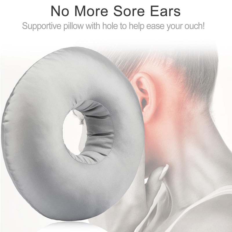 [Australia] - Silky Ear Piercing Pillows with Hole for Side Sleepers Donut Pillow Ear Pain Relief CNH Pressure Sore Ear Guard Satin Silver Gray Satin-silver Gray New-Satin 
