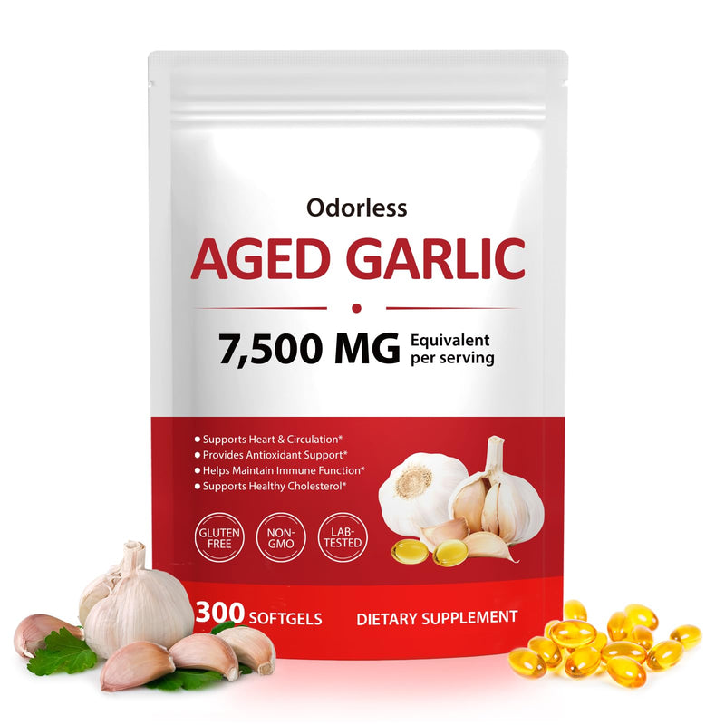 Aged Garlic Extract Capsules 7,500mg Equivalent 300 Softgels, Odourless Aged Garlic 15:1 Concentrate, Garlic Capsules for Daily Support, Non-GMO