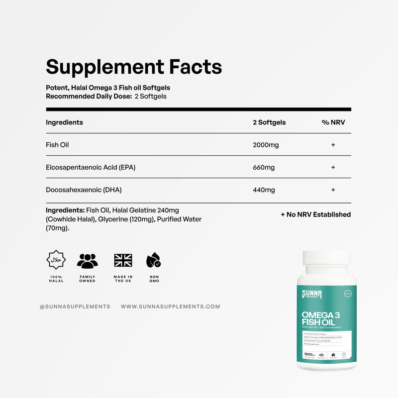 SUNNA SUPPLEMENTS Halal Omega 3 Fish Oil 2000mg with 660mg EPA and 440mg DHA per Daily Serving | Supports Heart, Brain and Joint Health, Easy-to-Swallow 60 Softgels