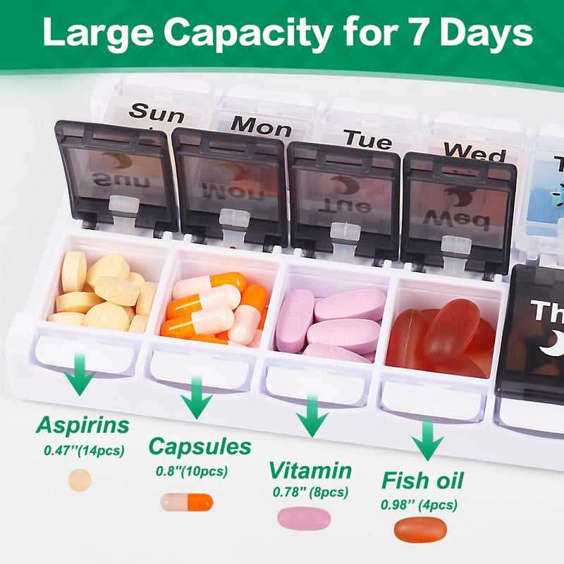 Shintop Weekly Pill Organizer 2 Times a Day, 7 Day Am Pm Pill Box | Arthritis-Friendly Push Buttons, Removable Lid, 14 Large Compartments for Vitamins and Fish Oil, BPA-Free PP, Silicone Hinges Black&white