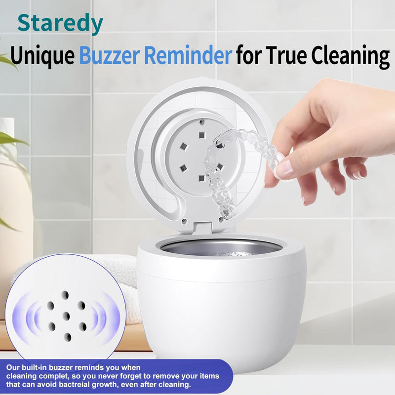 [Australia] - Staredy Ultrasonic Retainer Cleaner for Dentures,Oral Dental, 6 UV Lights-4 Mode-200ML Denture Cleaner Machine for Aligner,Braces, Jewelry with Mouth Guard Cleaner-Touchscreen (white) white 
