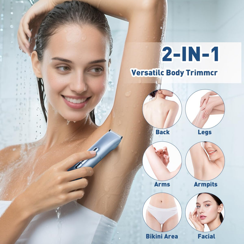 Bikini Trimmer for Women,2 in 1 Dual Head Women Electric Shaver,IPX7 Waterproof Womens Electric Razor for Pubic Hair,Wet & Dry Use Electric Razors for Legs,Private Area,Body Hair Blue