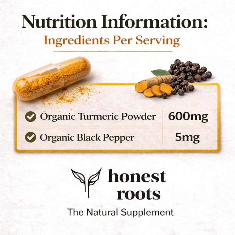 Honest Roots Organic Turmeric Curcumin Capsules with Black Pepper – 600mg per Serving – 120 Vegan Capsules (2 Month Supply) – High Strength Curcuma Longa Supplement – Made in UK