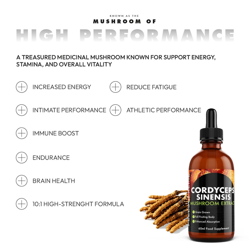 Cordyceps Mushroom Extract Supplement - High Strength 10:1 Nootropic Drink for Energy, Heart Health, Immune System Booster - Mushroom Supplement, Womens and Mens Vitamins - 60ml