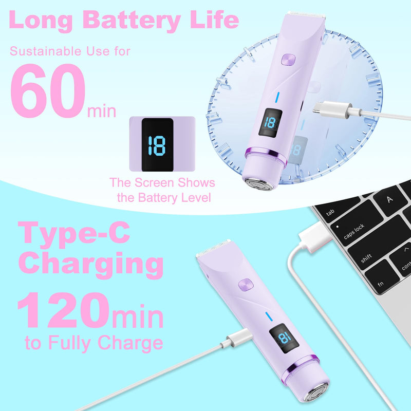 Bikini Trimmer for Women, 2 in 1 Electric Razors for Women Pubic Hair, IPX7 Waterproof Dual Head Bikini Shaver with LED Display, Rechargeable Electric Trimmer (Purple) Purple