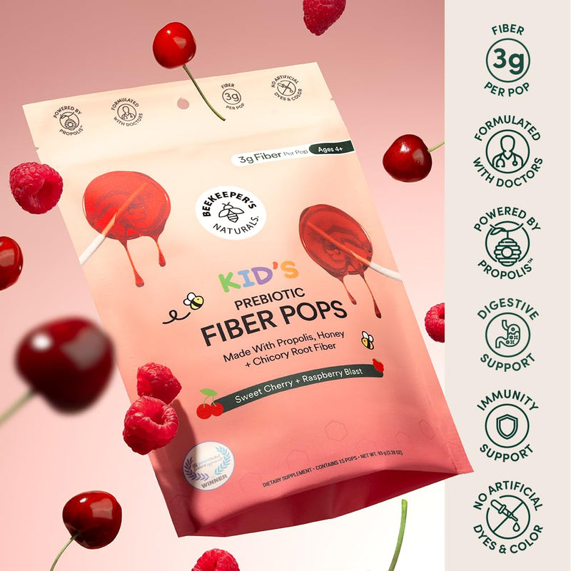 [Australia] - Kids Prebiotic Fiber Lollipops by Beekeeper's Naturals - Doctor Formulated Fiber Supplement, Supports Digestive Regularity, 3g of Fiber & Honey, Raspberry Blast & Sweet Cherry Variety Pack, 15 ct 