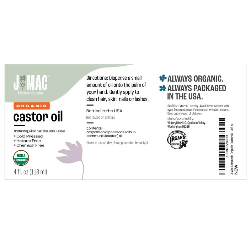 [Australia] - J MAC BOTANICALS Organic Castor Oil Cold Pressed (Glass Bottle, 4 oz, NO DROPPER), pure hexane free castor oil for face, skin, eyelashes 4 Fl Oz (Pack of 1) 
