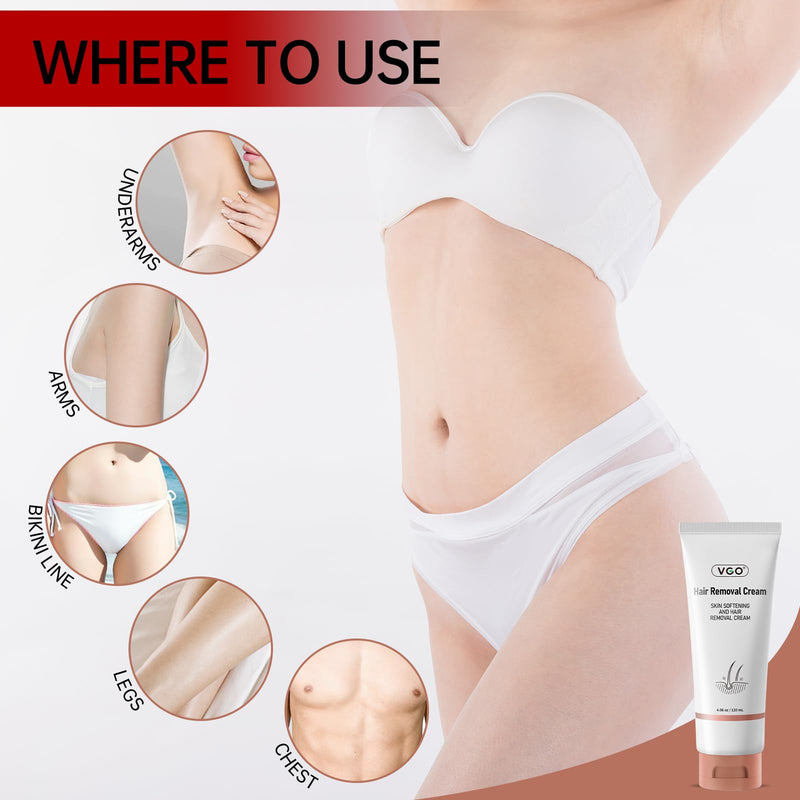 [Australia] - VGO Painless Hair Removal Cream for Women & Men, Hair removal cream for body, back & legs, All Skin Types, 4.06oz w/Spatula 4.06 Ounce (Pack of 1) 