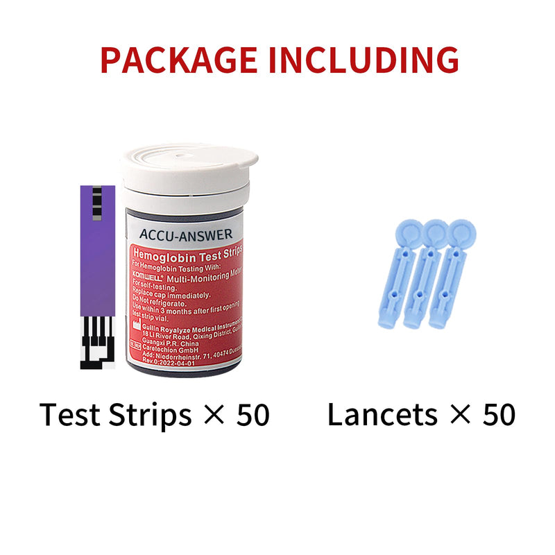 [Australia] - 50 Test Hemoglobin Test Strips for ACCU-Answer 4-in-1 Test Meter, 50 Lancets Total Included. No Code Card Need, Accurate and Fast, Easy to Use and Read 
