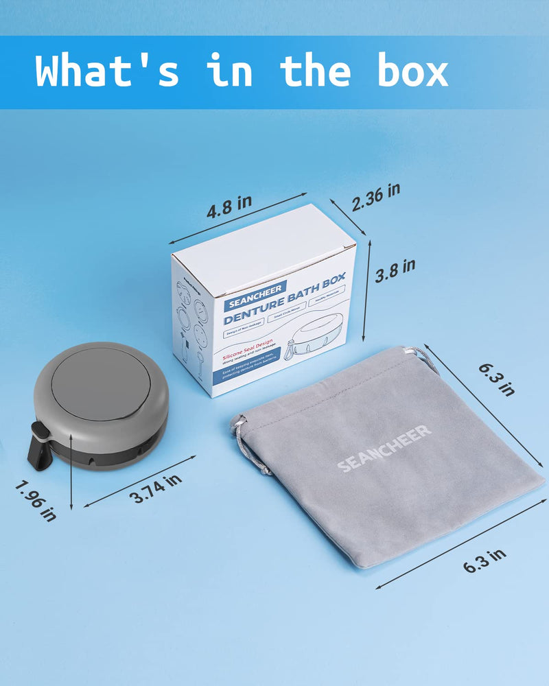 [Australia] - Denture Bath Case, Denture Cup, Leak Proof Portable Retainer Case, Denture Cleaning Kit with Cleaner Brush, Denture Box with Strainer & Mirror, Denture Case for Aligner Retainer Mouth Guard (Gray) Elegant Gray 