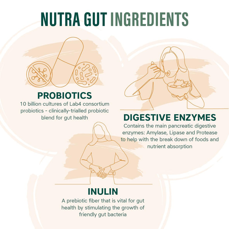 NutraGut - Digestive and Gut Support - with 10 Billion Probiotic Cultures, 3 Digestive Enzymes: Amylase, Protease & Lipase - with Vitamins & Minerals - NutraVit, 30 Capsules
