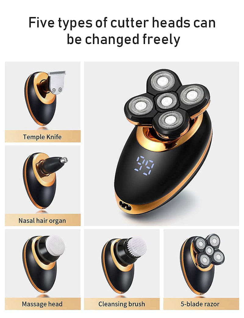 [Australia] - Electric Shavers for Men - 5 in 1 Bald Head Shavers for Men, 5D Floating Cordless USB Rechargeable Rotary Razor Multifunctional Grooming Kit Beard Trimmer Waterproof Wet and Dry with LED Display Gold 5d 