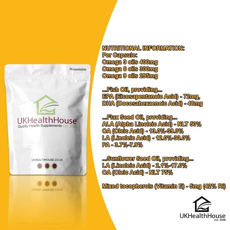 UKHealthHouse Omega 3-6-9 Nutritional Supplements Capsules from Fish Oil Sunflower Seed Oil Flaxseed Oil & Vitamin E Source of Alpha-Linolenic Acid Blend of Premium (360 softgels)
