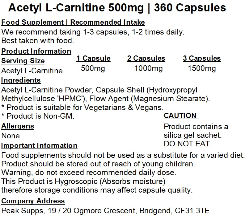 Acetyl L-Carnitine 500mg Capsules | ALCAR | Vegan (360)