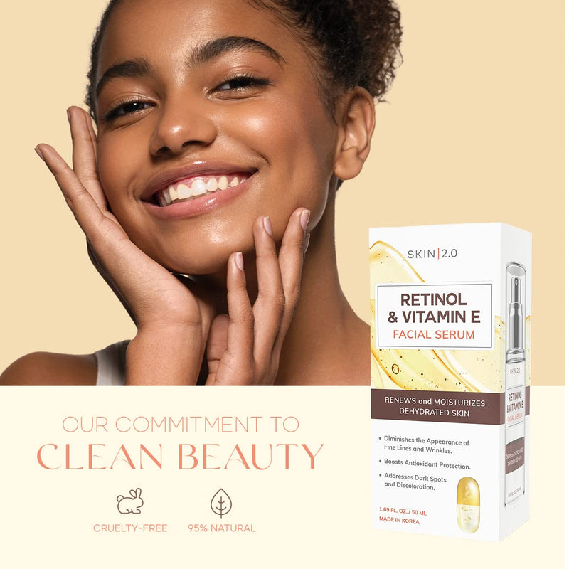 Skin 2.0 Retinol & Vitamin E Face Serum - 1.69 Fl. oz, Cruelty-Free, Reduces Acne Scars, Wrinkles, Anti-Aging, Skin Renewal, Hydrating, Korean Beauty Retinol and Vitamin E