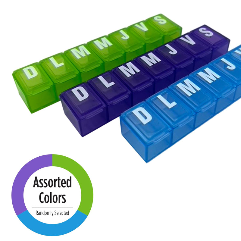Ezy Dose Weekly (7-Day) Pill Organizer, Medicine Planner, Color May Vary | Compact Daily Vitamin & Supplement Box, Pop Up Spanish Compartments, Convenient and Easy to Use, Travel-Friendly, BPA-Free Small Compartments