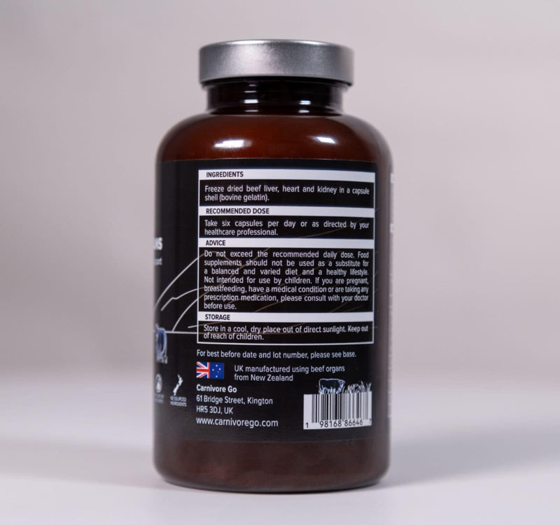 100% Grass Fed Beef Organ Supplements (Liver, Heart, Kidney), 180 x 500mg, Desiccated Beef Organs Capsules - Pasture Raised, High Protein - Ancestral Nutrition - UK Made, No GMO, Hormones, Antibiotics 1