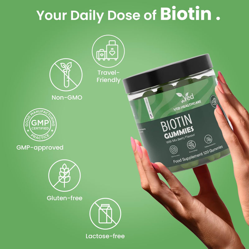 VED Biotin Gummies 5000mcg – 120 Vegan Gummies with 7 Essential Vitamins, Natural Mixed Berry Flavor – Hair, Skin & Nail Support – Non-GMO, Gluten-Free, Vegetarian, 2 Month Supply.