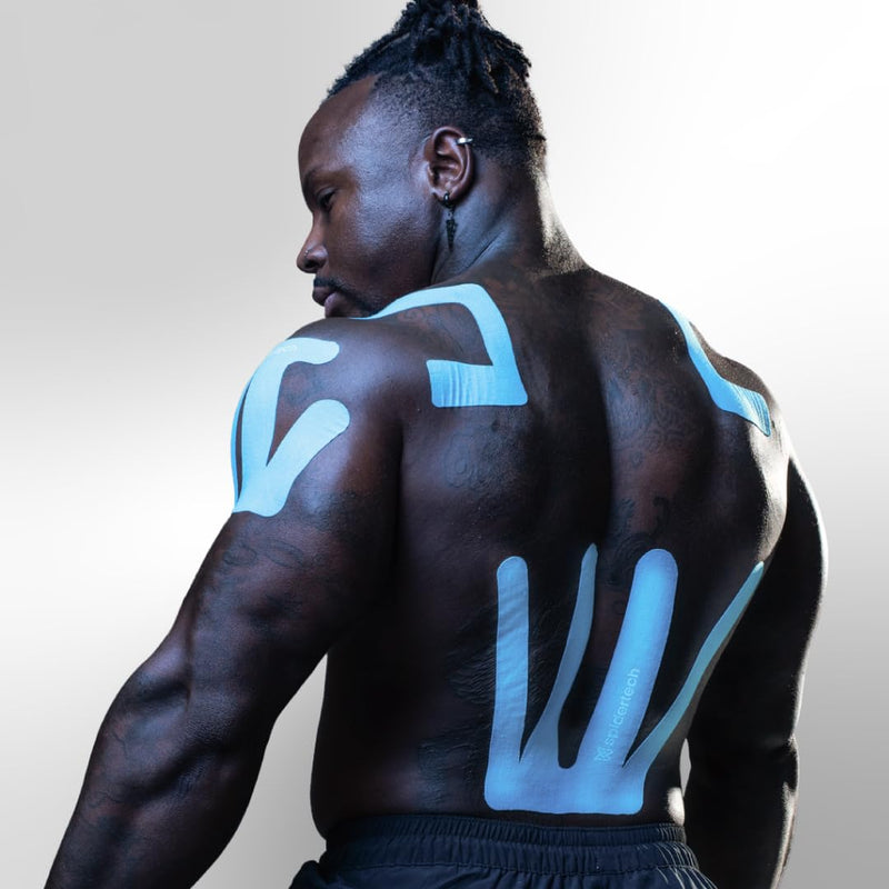 Spidertech Professional Pre-Cut Cotton Kinesiology Tape for Lower Back Pain and Support - for Athletes, Sports Physiotherapists, and Chiropractors, Pain Relief - Blue (4 Pack)