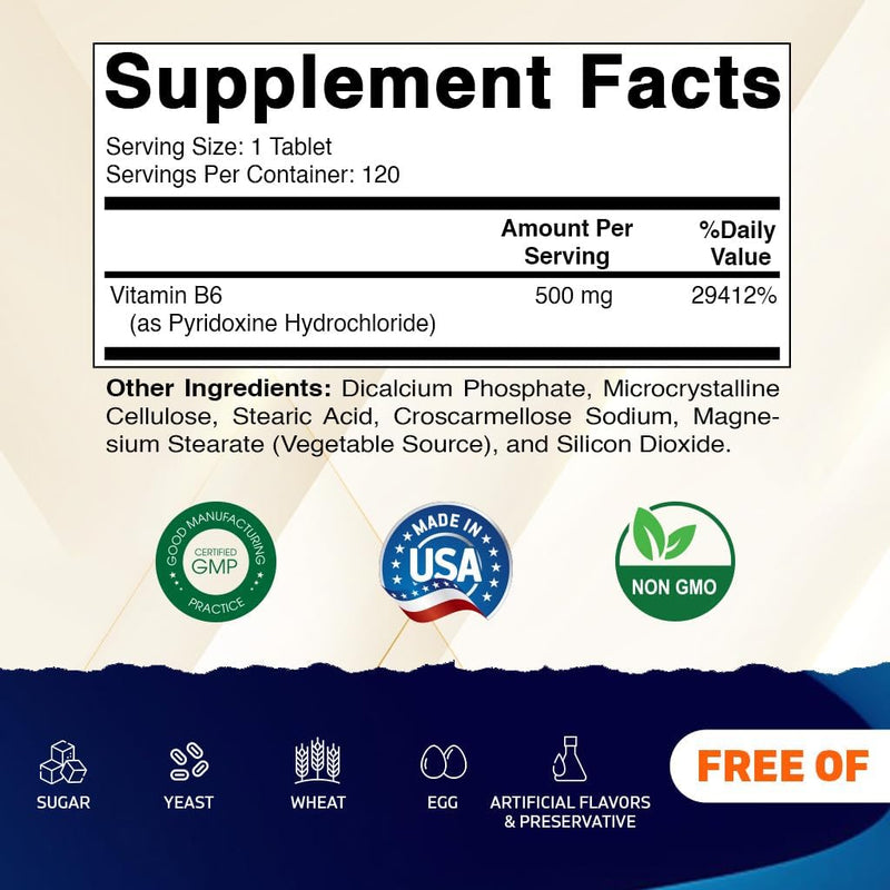 Vitamatic Vitamin B6 (Pyridoxine HCI), 500 mg 120 Vegetarian Tablets - Promotes Energy Production, boosts Metabolism and Immune Health Support