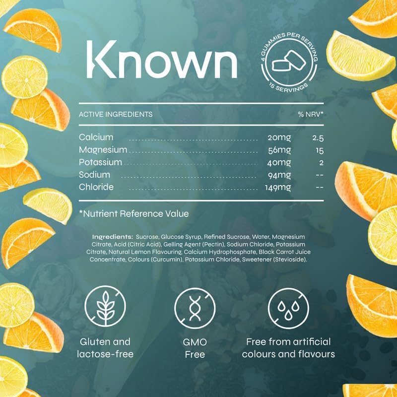 Known Electrolyte Gummies – Orange & Lemon Flavour – Vegan Gummy Supplement with Calcium, Magnesium, Potassium, Sodium & Chloride – Hydration & Recovery – 15 Servings – for Men & Women 1 Month Supply Bottle