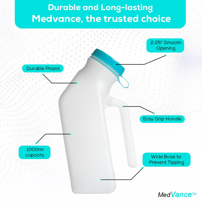 [Australia] - MedVance- Urinals for Men 1000ml with Glow in The Dark Spill Proof Pop Cap Lid, Plastic Pee Bottles for Men, Male Urinals, Pee Container Men, Portable Urinal for Car, Elderly & Incontinence (1 Pack) 