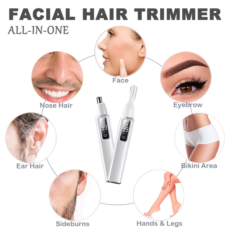 Nose Ear Hair Trimmer for Men – Eyebrow Hair Razor 2-in-1 Rechargeable Facial Hair Razor Nasal Hair Clipper Dual-Edge Face Shaver for Face Nose Peach Fuzz for Women Silver