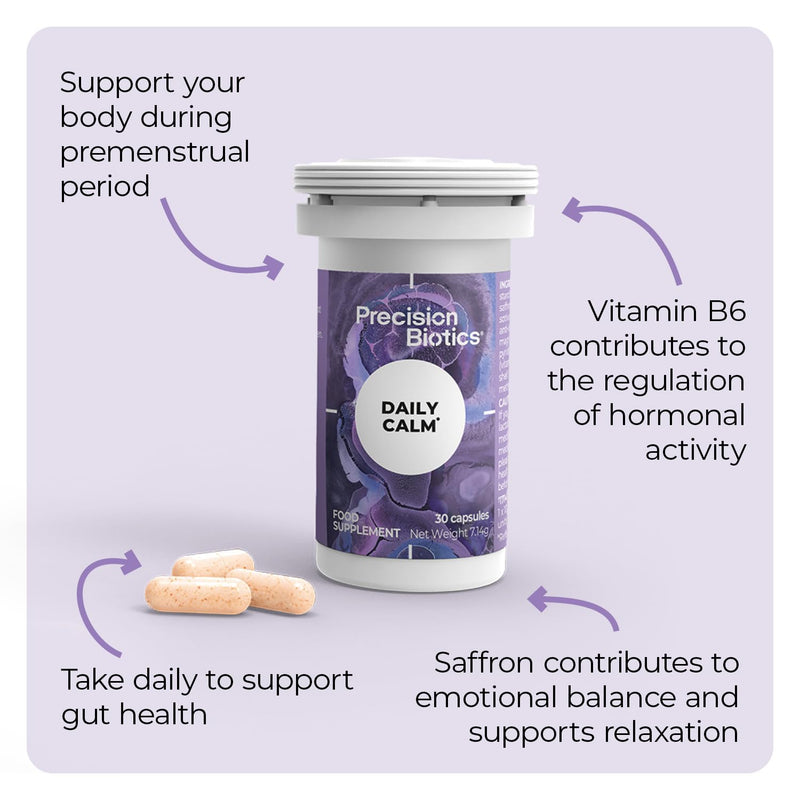 Daily Calm by PrecisionBiotics - Supplement for Women - PMS - Probiotics with Vitamin B6 and Saffron Extract - Emotional and Hormonal Balance - 30 Capsules