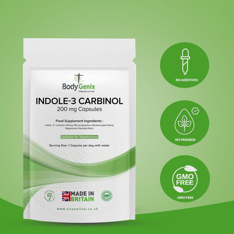 Bodygenix Indole-3 Carbinol 200mg Vegan Capsules Hormonal Balance Immune System Detoxification Support Natural Food Supplement - 180 Capsules 6 Month Supply