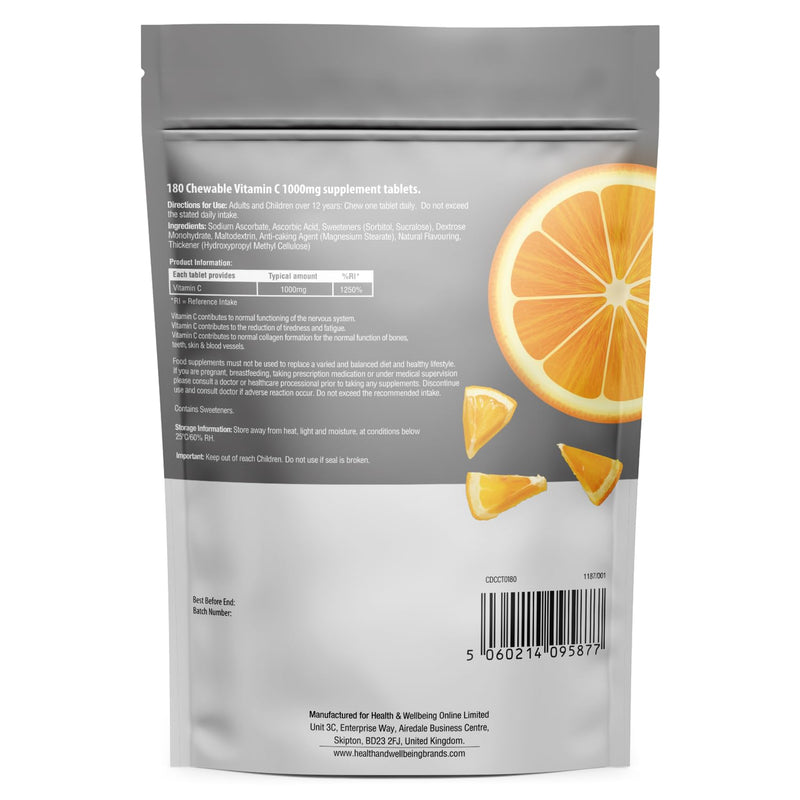 Vitamin C Chewable 180 Orange Tablets 1000mg, Supports Immune Health and Helps Fight Colds - Helps Reduce Tiredness and Fatigue 180 count (Pack of 1)