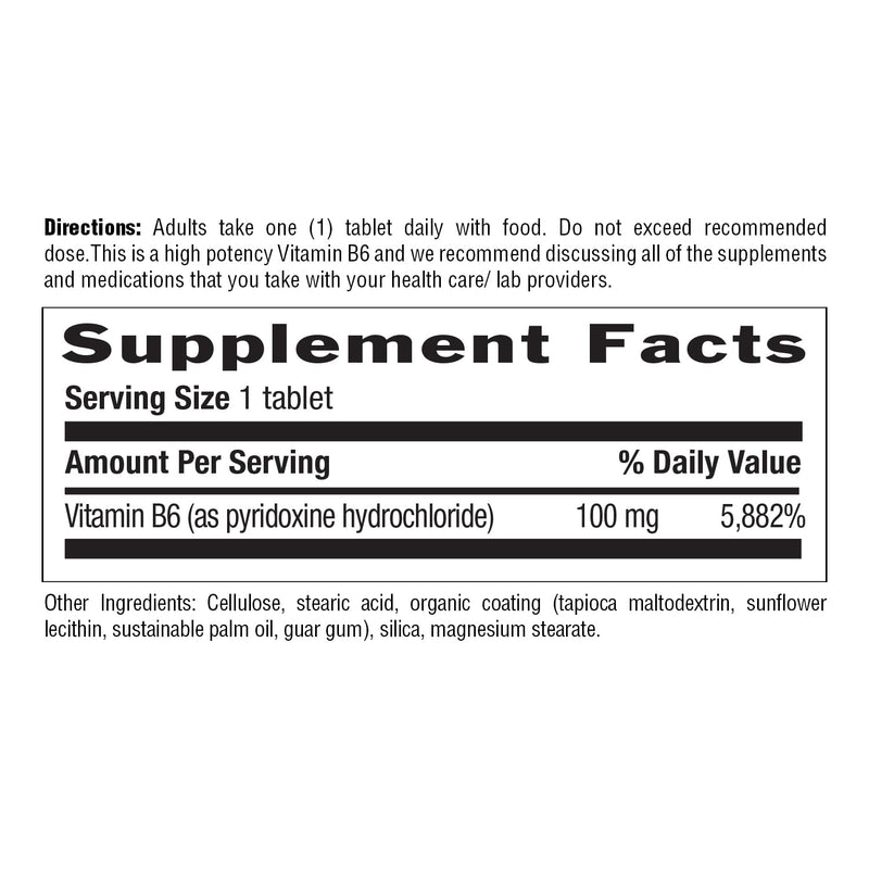 Country Life Vitamin B6 100 mg, High Potency, 100 Tablets | Supports energy metabolism and nervous system function; vegan, gluten-free and Non-GMO Project Verified B-6 Unflavored 100 Count (Pack of 1)