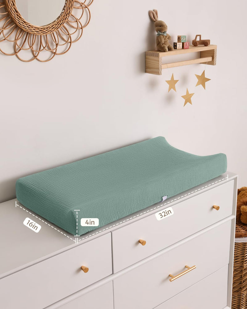 [Australia] - Blissful Diary Muslin Changing Pad Cover for Girls Boys, Ultra Soft Breathable Cotton, Baby Diaper Change Table Pad Covers, 2Pack (Roman Green&Leaf) Roman Green & Leaf 